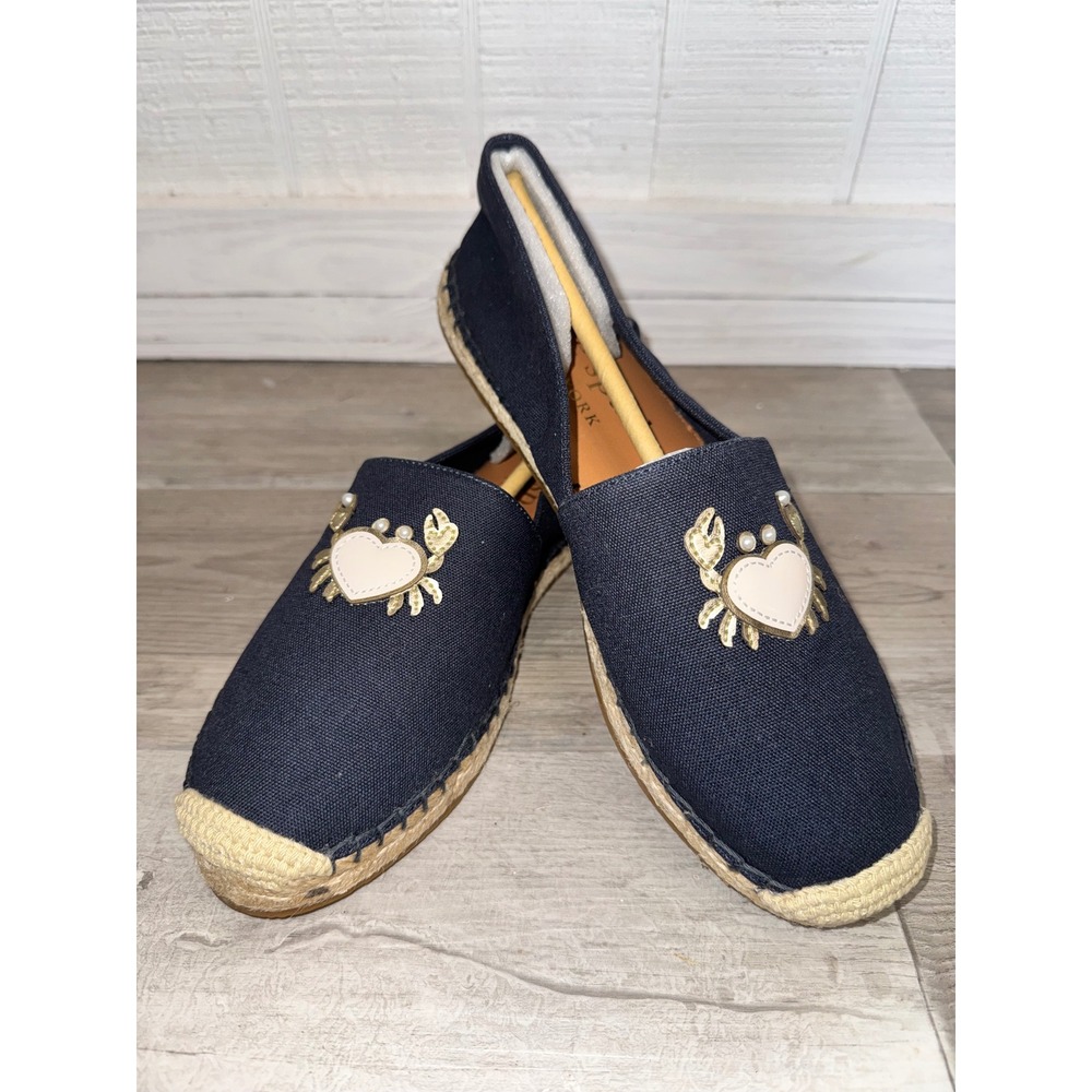 Kate Spade Espadrille Flats Women Navy Blue Gold Crab Heart Pearl Size 9